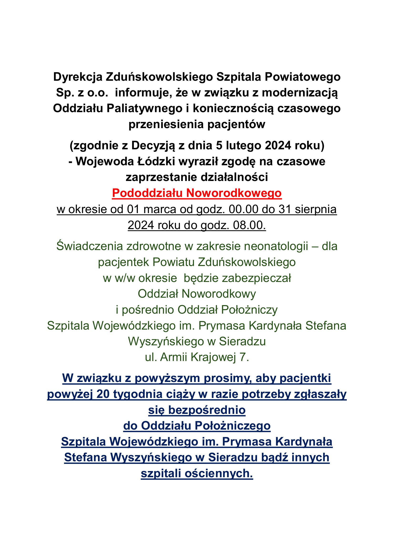 Czasowe zamknięcie Oddziału Noworodkowego