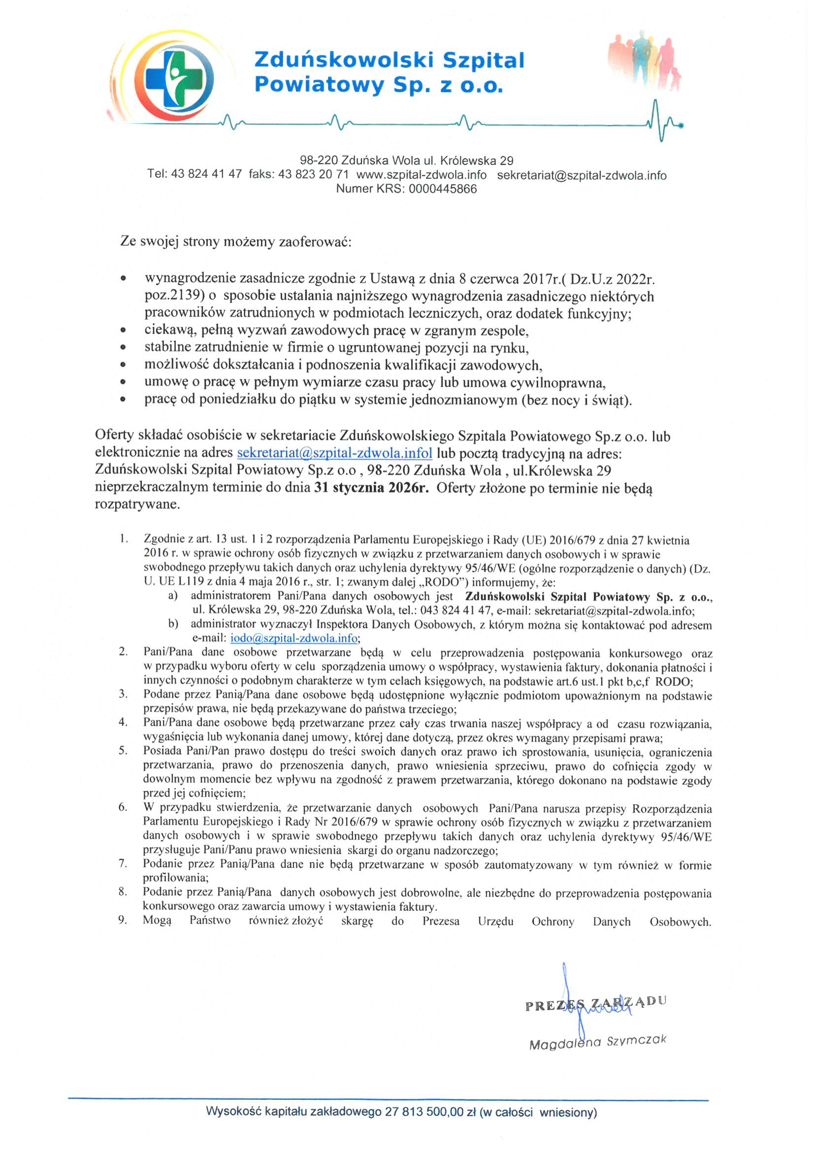 dokument podpisany przez prezesa na temat konkursu na pielęgniarke/pielęgniarza oddiałową/oddziałowego oddiału internistycznego