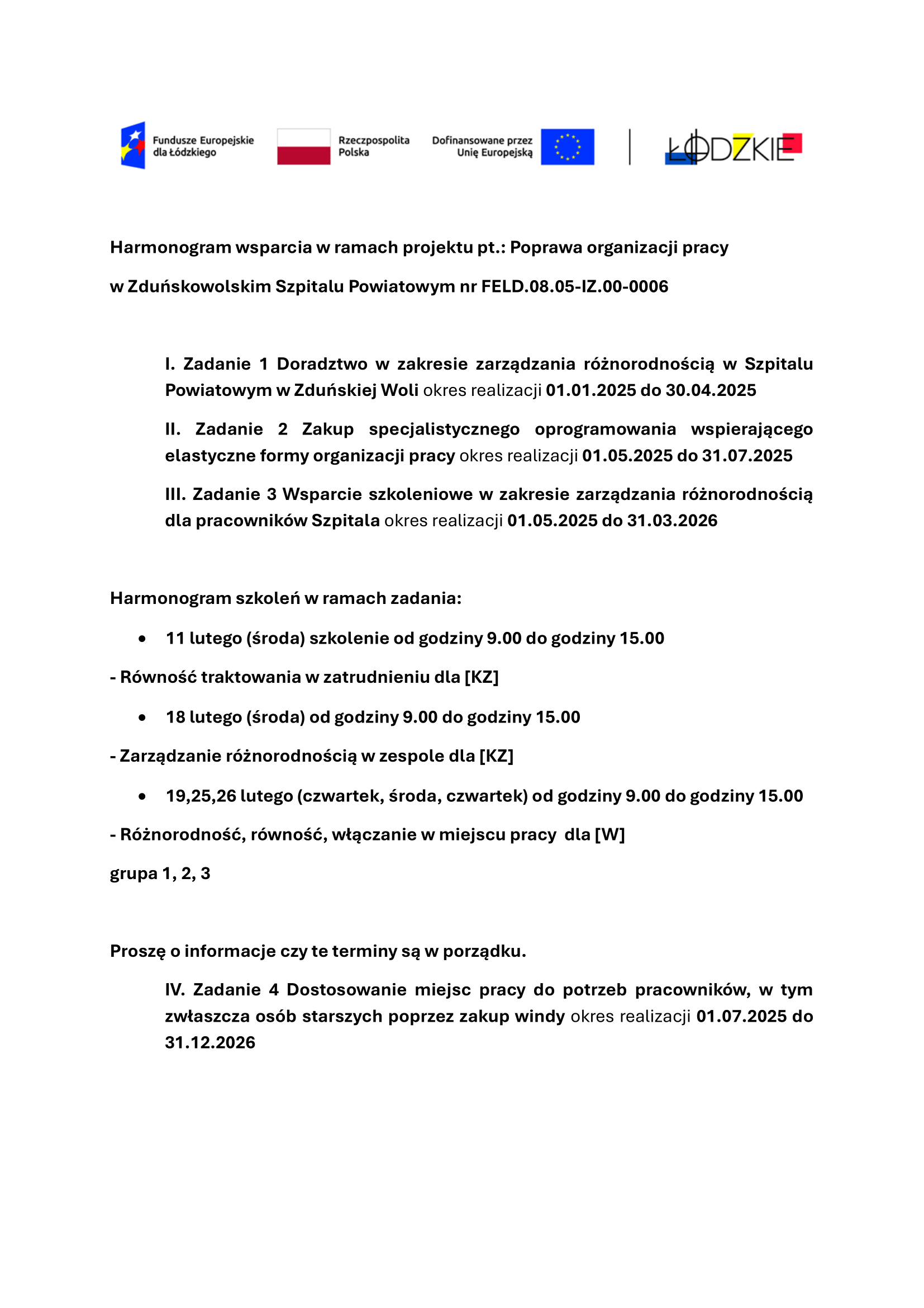 Harmonogram wsparcia w ramach projektu pt